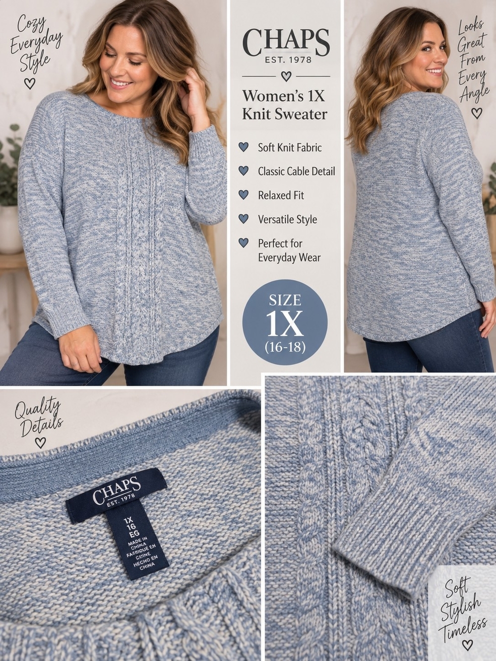 Chaps Women's 1X blue long sleeve knitted sweater #32
